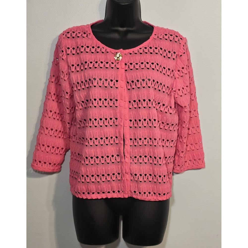 Ruby Rd‎ Women's Pink Cardigan Sweater Size PM Grandma Librarian Lace Pendant